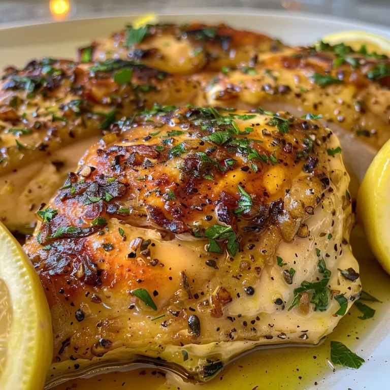 Close-up view of a juicy lemon herb baked chicken breast garnished with parsley.
