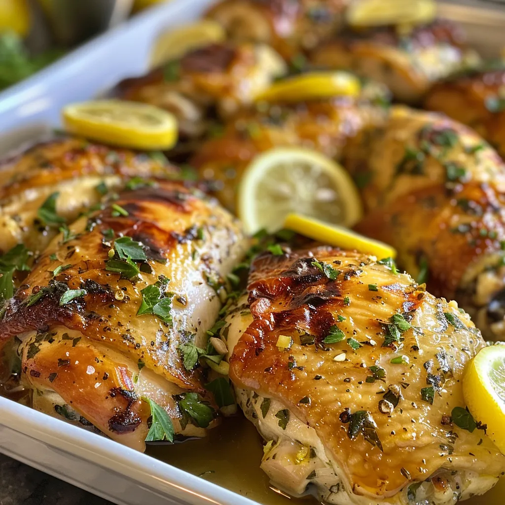 Side view of a succulent baked chicken breast seasoned with lemon and herbs.