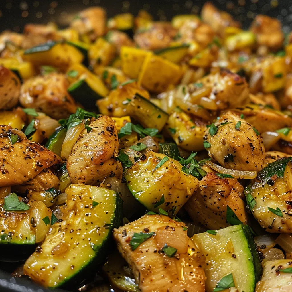 Side view of a delicious low carb chicken skillet featuring diced chicken and sliced zucchini, garnished with spices.