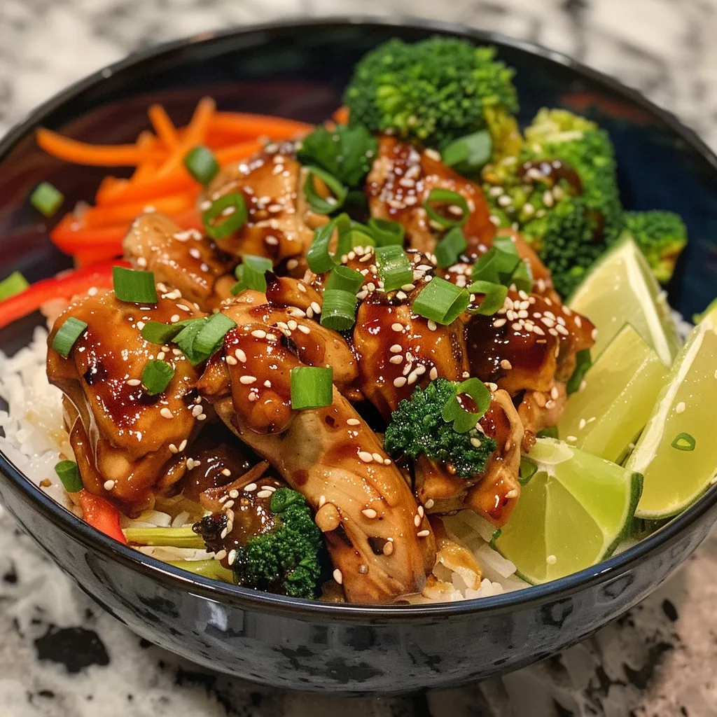 Side view of a Hot Honey Chicken Bowl with glazed chicken, mixed vegetables, and lime wedges.