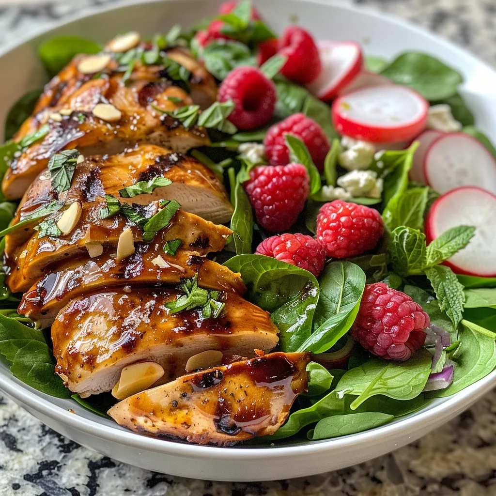 Close-up view of succulent grilled chicken breasts garnished with fresh herbs.