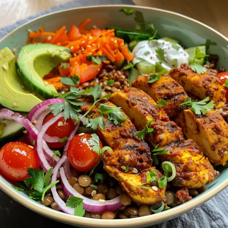 The Nourishing Lentil Chicken Power Bowl That Warms the Heart A close-up view of a colorful Lentil and Chicken Power Bowl, featuring lentils, chicken, cherry tomatoes, cucumber, and avocado.