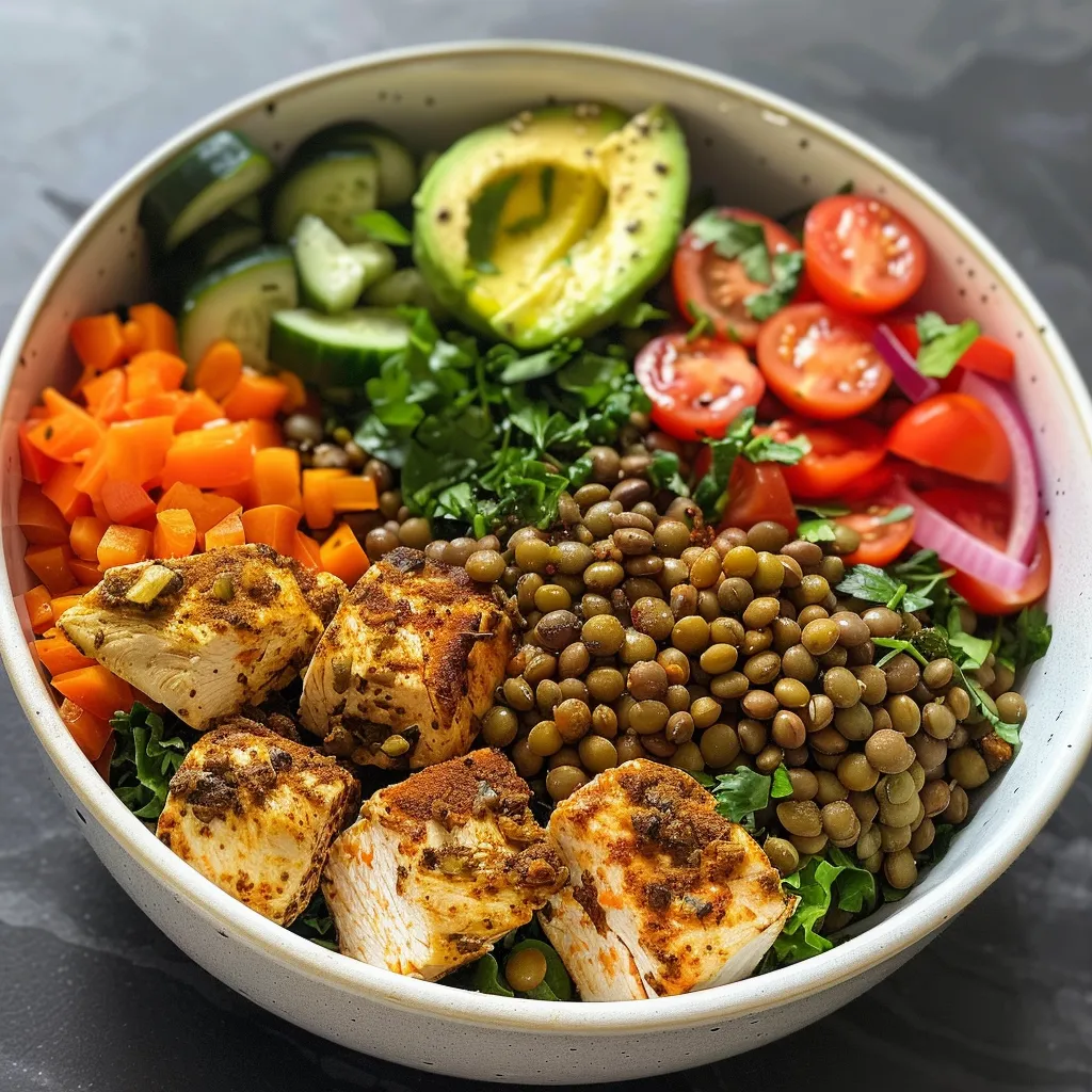 A vibrant Lentil and Chicken Power Bowl showing layers of lentils, grilled chicken, fresh vegetables, and yogurt dressing.