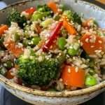 Close-up of a colorful Veggie Stir-Fry Rice Bowl with vibrant vegetables and brown rice.
