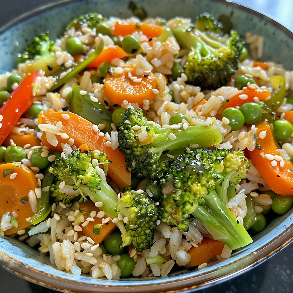 Juicy Veggie Stir-Fry Rice Bowl featuring sliced bell pepper, broccoli, and carrots.