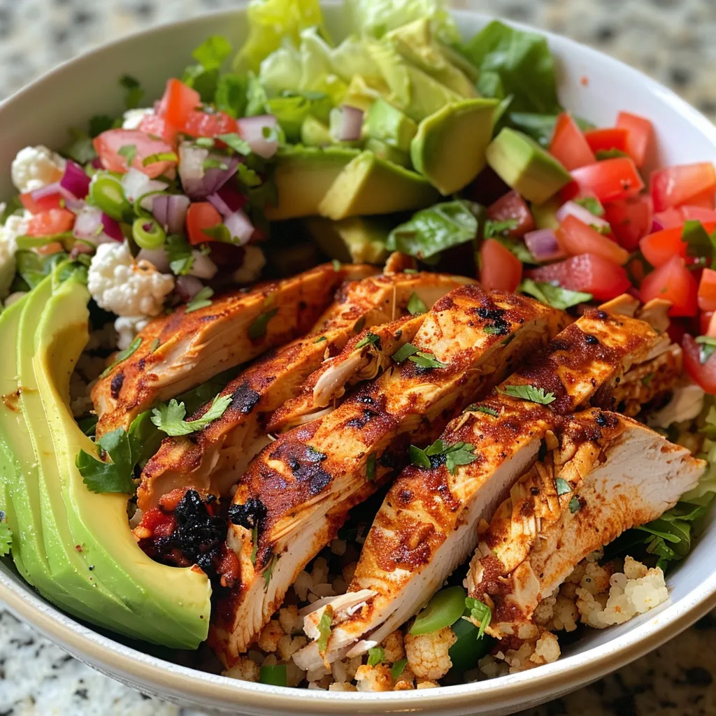 Side angle shot of a vibrant burrito bowl featuring shredded chicken, fresh vegetables, and lime wedges.
