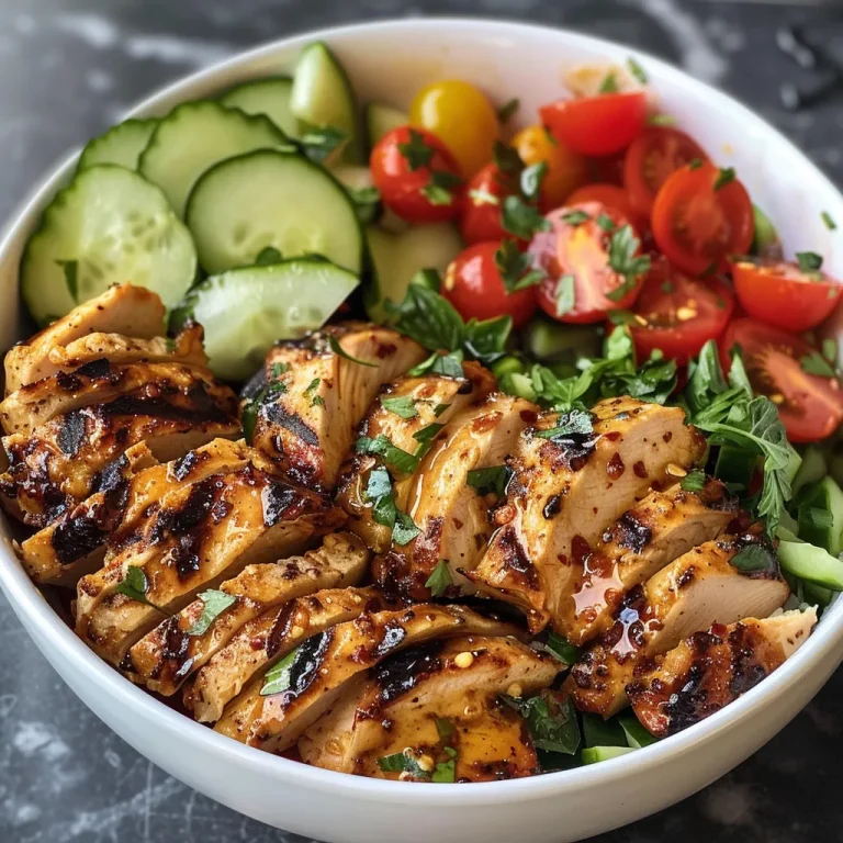 Close-up view of a grilled chicken bowl topped with diced cucumbers and cherry tomatoes.
