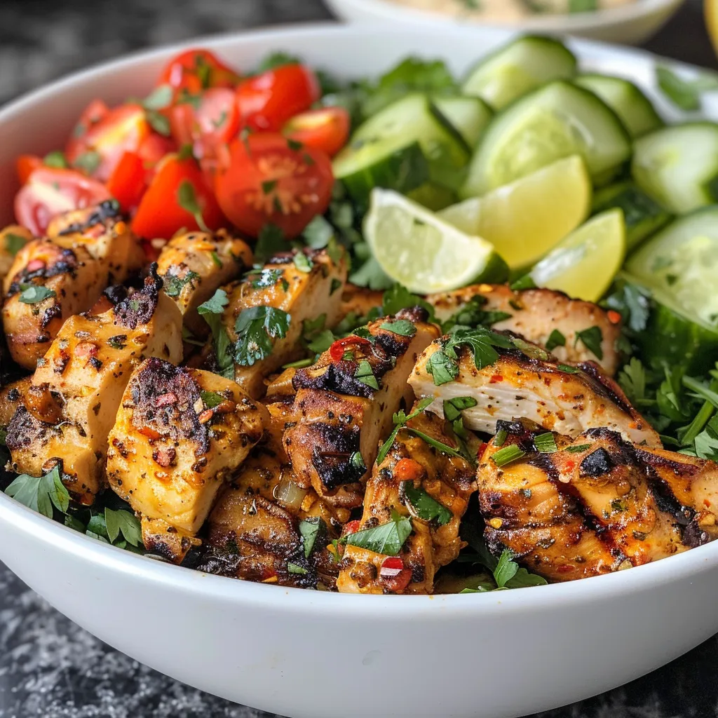 Juicy grilled chicken pieces with a zesty lemon chili sauce, served in a bowl with salad and hummus.