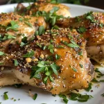 ['Close-up view of a juicy baked chicken breast on a plate with herbs.', 'Side view of a tender chicken breast seasoned and baked to perfection.', 'Juicy golden brown chicken breast garnished with parsley on a white plate.', 'Sliced baked chicken breast showcasing its moist interior and spices.']