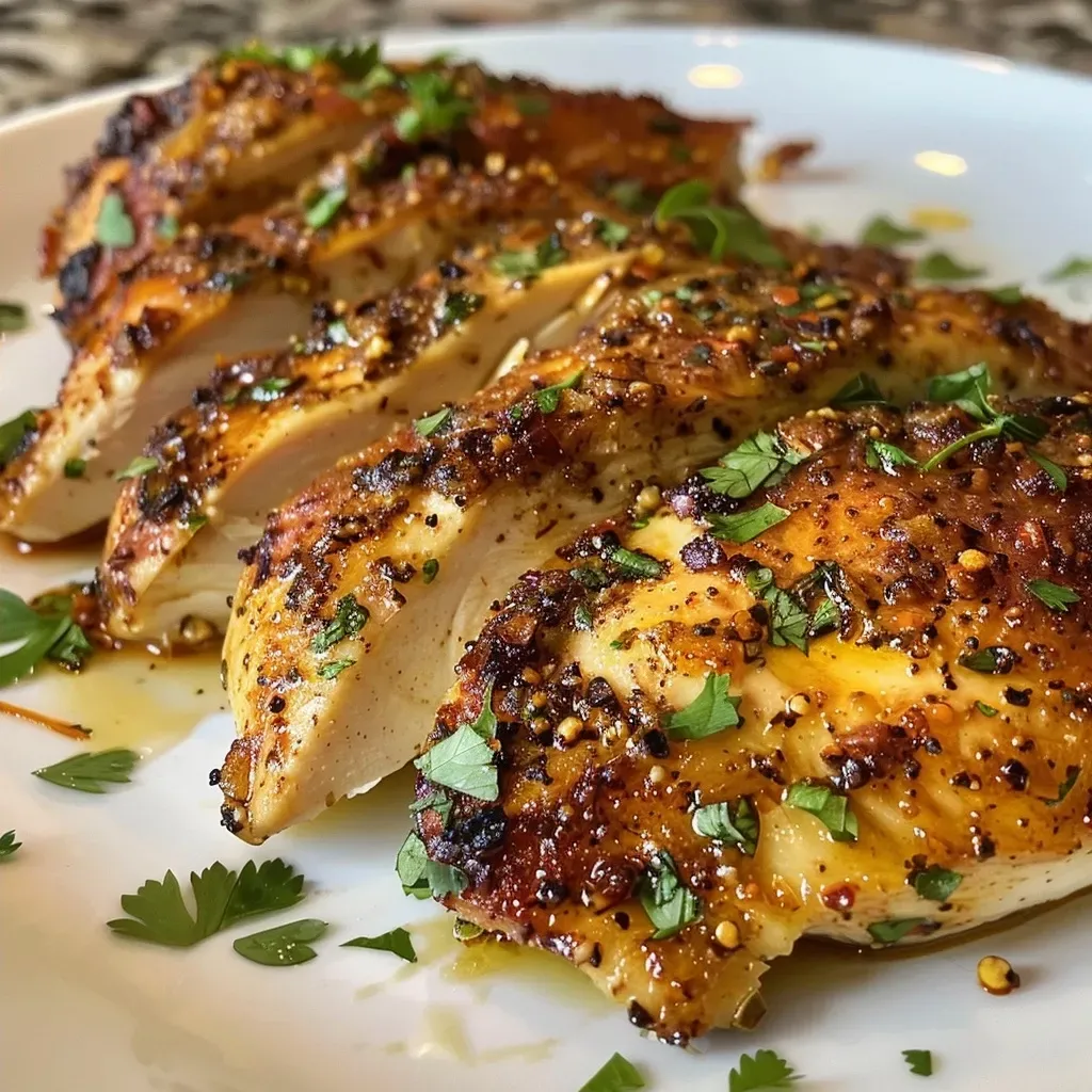 ['Close-up view of a juicy baked chicken breast on a plate with herbs.', 'Side view of a tender chicken breast seasoned and baked to perfection.', 'Juicy golden brown chicken breast garnished with parsley on a white plate.', 'Sliced baked chicken breast showcasing its moist interior and spices.']