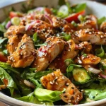['Close-up of a vibrant Asian Sesame Chicken Salad with colorful vegetables.', 'Side view of a delicious Asian Sesame Chicken Salad featuring juicy chicken and crispy greens.', 'Detailed view of Asian Sesame Chicken Salad, showcasing sesame seeds and fresh ingredients.', 'A fresh Asian Sesame Chicken Salad with sliced chicken, mixed greens, and sesame dressing.']