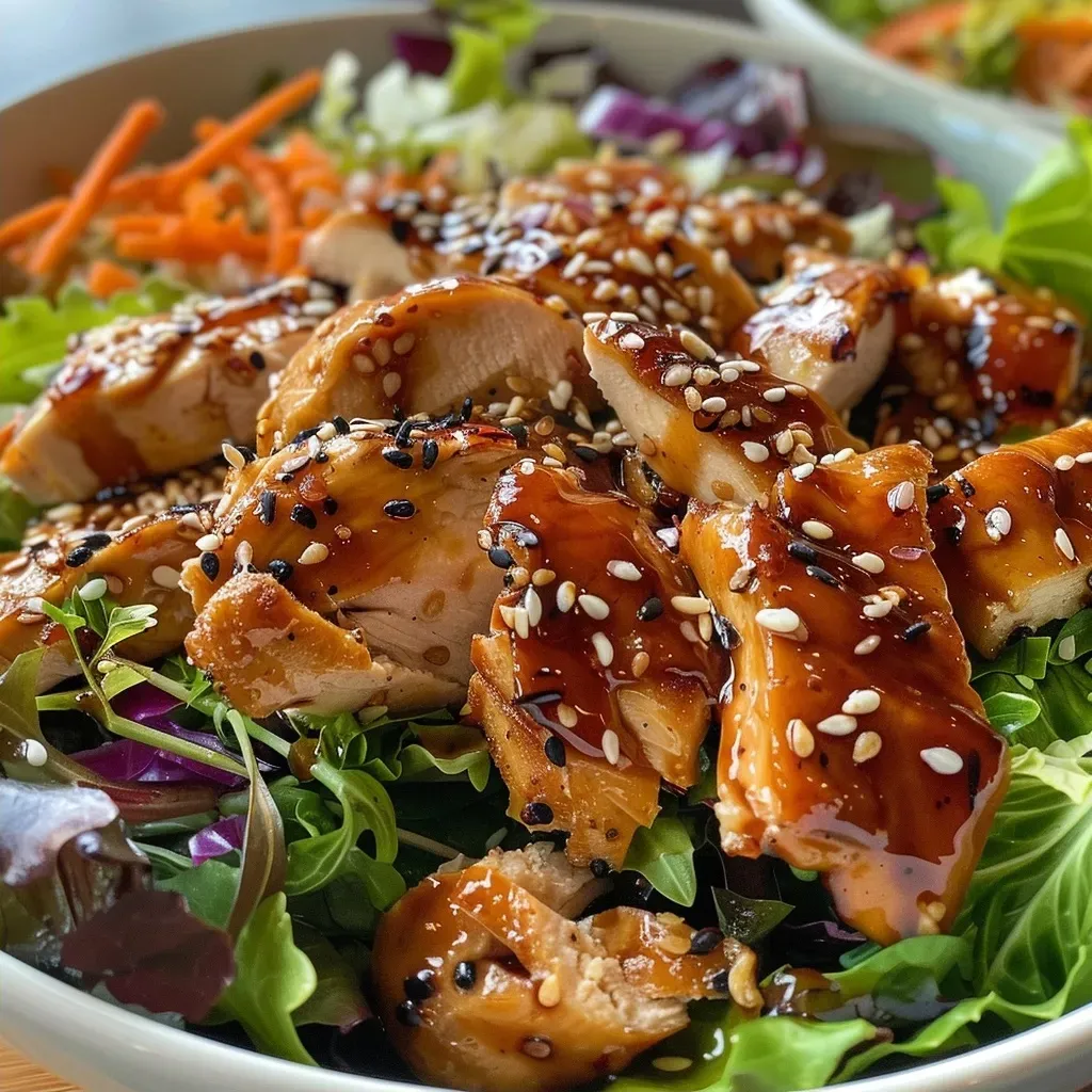 ['Close-up of a vibrant Asian Sesame Chicken Salad with colorful vegetables.', 'Side view of a delicious Asian Sesame Chicken Salad featuring juicy chicken and crispy greens.', 'Detailed view of Asian Sesame Chicken Salad, showcasing sesame seeds and fresh ingredients.', 'A fresh Asian Sesame Chicken Salad with sliced chicken, mixed greens, and sesame dressing.']
