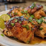 ['Juicy baked chicken breasts marinated in chili lime glaze, presented on a white plate.', 'Close-up view of baked chili lime chicken, garnished with lime slices and herbs.', 'Succulent chicken breasts with a glaze, showcasing a crispy exterior and vibrant color.', 'Savory baked chicken with a golden-brown chili lime coating, displayed attractively on a wooden table.']