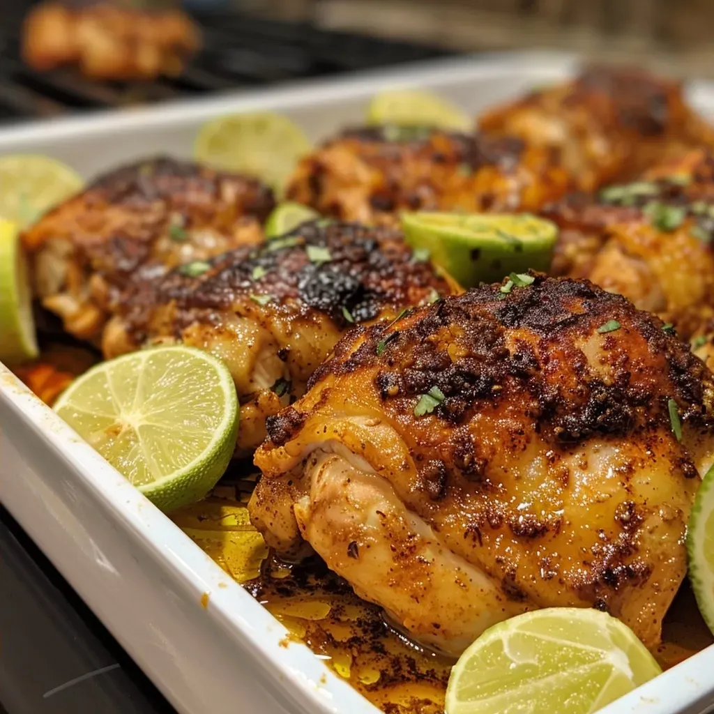 ['Juicy baked chicken breasts marinated in chili lime glaze, presented on a white plate.', 'Close-up view of baked chili lime chicken, garnished with lime slices and herbs.', 'Succulent chicken breasts with a glaze, showcasing a crispy exterior and vibrant color.', 'Savory baked chicken with a golden-brown chili lime coating, displayed attractively on a wooden table.']