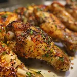 ['Juicy baked Mediterranean chicken wings arranged on a plate with herbs.', 'Close-up view of golden-brown Mediterranean chicken wings garnished with spices.', 'Crispy chicken wings featuring Mediterranean spices, served with a side of basil.', 'Deliciously baked chicken wings showcasing a vibrant, glossy olive oil exterior.']