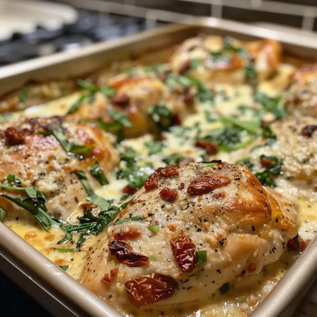 ['Close-up view of a baked Tuscan chicken casserole with a creamy topping and visible sun-dried tomatoes.', 'Side angle of a deliciously baked Tuscan chicken casserole, showcasing melted cheese and spinach.', 'Juicy Tuscan chicken casserole filled with creamy layers, sun-dried tomatoes, and a golden crust.', 'A deliciously baked Tuscan chicken casserole featuring chicken fillets and vibrant sun-dried tomatoes.']