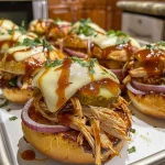 ['Close-up view of BBQ chicken sliders with melted cheese and pickles.', 'Side view of juicy BBQ chicken sliders on a wooden platter.', 'Appetizing BBQ chicken sliders with shredded chicken and sliced onions.', 'Delicious BBQ chicken sliders with golden buns and fresh parsley garnish.']