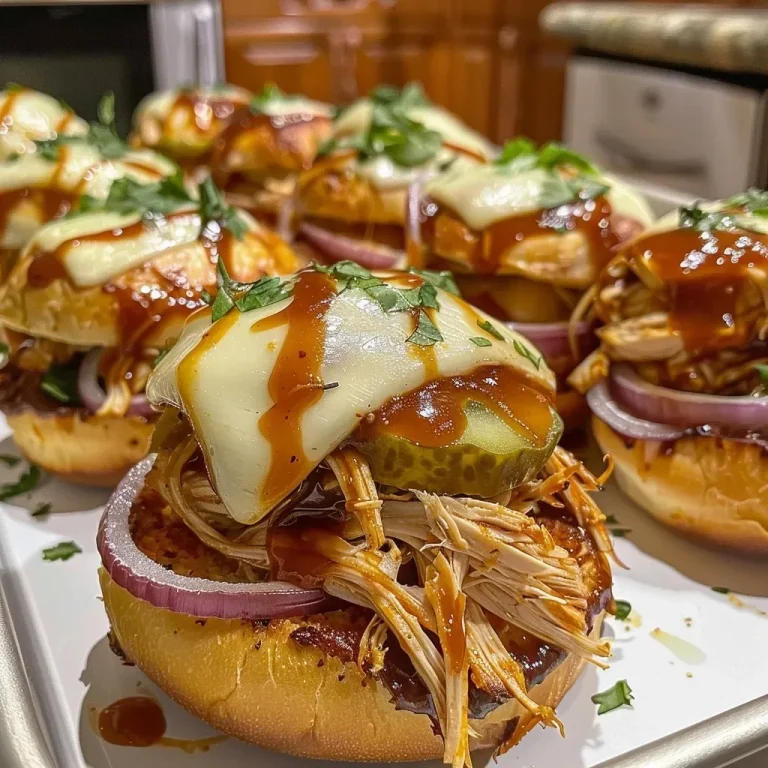 ['Close-up view of BBQ chicken sliders with melted cheese and pickles.', 'Side view of juicy BBQ chicken sliders on a wooden platter.', 'Appetizing BBQ chicken sliders with shredded chicken and sliced onions.', 'Delicious BBQ chicken sliders with golden buns and fresh parsley garnish.']