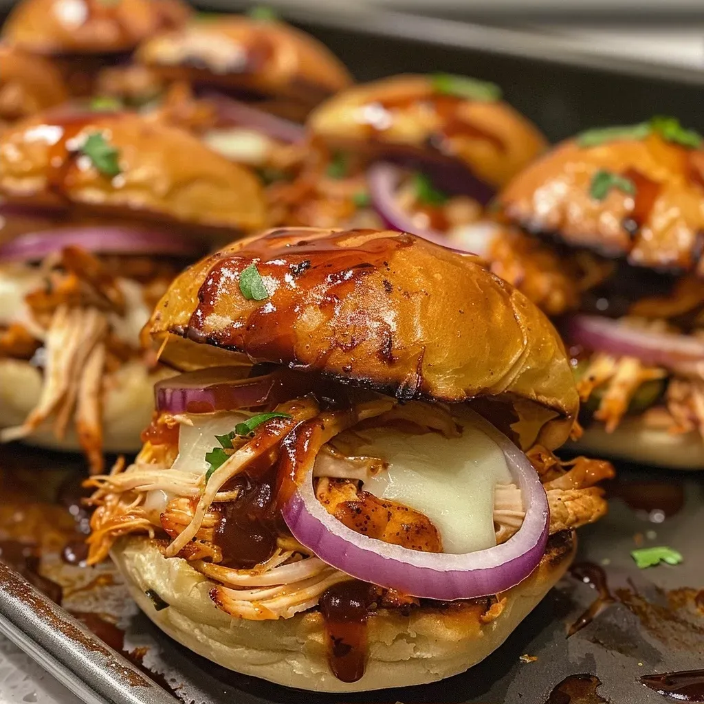 ['Close-up view of BBQ chicken sliders with melted cheese and pickles.', 'Side view of juicy BBQ chicken sliders on a wooden platter.', 'Appetizing BBQ chicken sliders with shredded chicken and sliced onions.', 'Delicious BBQ chicken sliders with golden buns and fresh parsley garnish.']