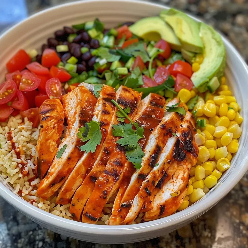 ['Close-up view of a colorful Buffalo Chicken Burrito Bowl with chicken, rice, and fresh toppings.', 'Side view of a delicious Buffalo Chicken Burrito Bowl filled with vibrant ingredients and textures.', 'Juicy Buffalo Chicken Burrito Bowl featuring sliced chicken, avocado, tomatoes, and cheese.', 'A hearty serving of Buffalo Chicken Burrito Bowl displaying layers of rice, beans, and fresh herbs.']