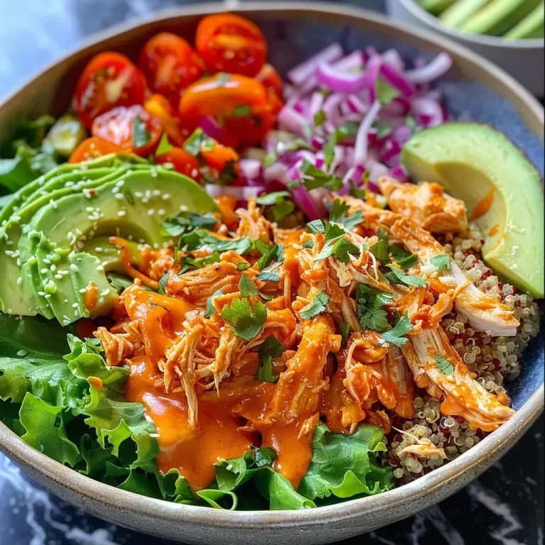 ['Close-up of a Buffalo Chicken Quinoa Bowl topped with sliced avocados and cherry tomatoes.', 'Side view of a nutritious Buffalo Chicken Quinoa Bowl featuring vibrant ingredients like lettuce and red onion.', 'Detailed view of a quinoa bowl filled with shredded chicken, cream cheese, and garnished with cilantro.', 'Colorful Buffalo Chicken Quinoa Bowl with avocado slices and a drizzle of ranch dressing.']