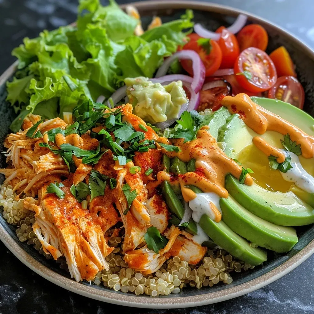 ['Close-up of a Buffalo Chicken Quinoa Bowl topped with sliced avocados and cherry tomatoes.', 'Side view of a nutritious Buffalo Chicken Quinoa Bowl featuring vibrant ingredients like lettuce and red onion.', 'Detailed view of a quinoa bowl filled with shredded chicken, cream cheese, and garnished with cilantro.', 'Colorful Buffalo Chicken Quinoa Bowl with avocado slices and a drizzle of ranch dressing.']