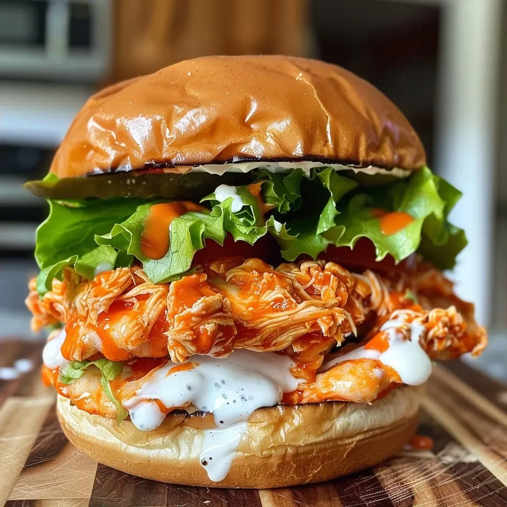 ['Juicy Buffalo chicken sandwich with a golden-brown crust and fresh toppings.', 'Close-up of a Buffalo chicken sandwich featuring crispy chicken and vibrant lettuce.', 'Side view of a mouthwatering Buffalo chicken sandwich on a brioche bun.', 'Detailed shot of a Buffalo chicken sandwich with sauces and fresh ingredients.']