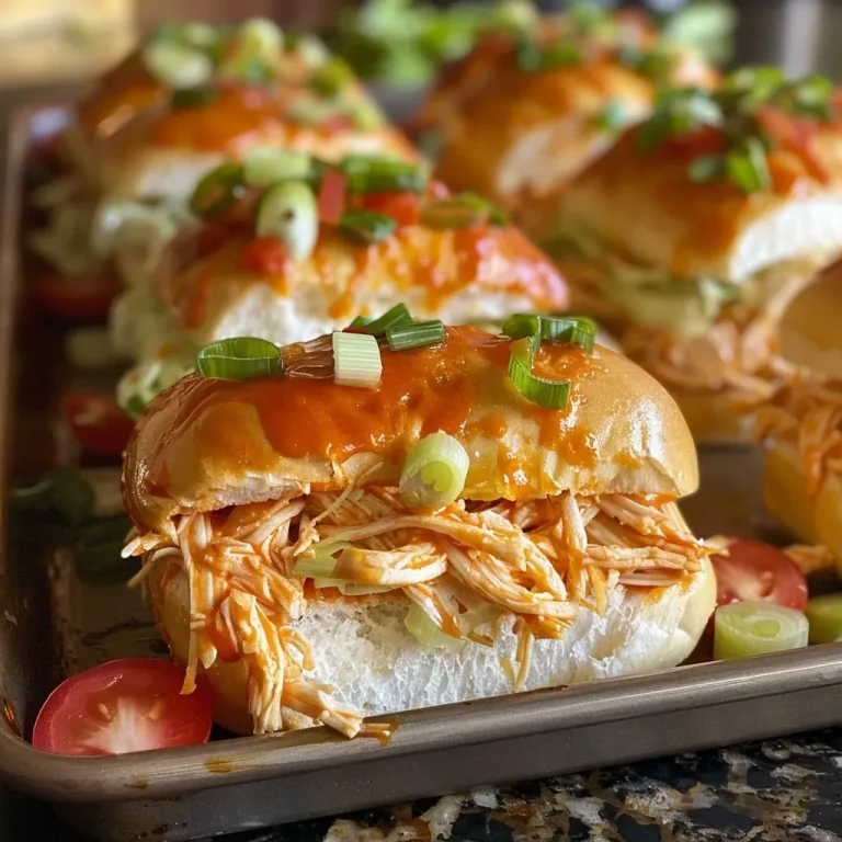 ['Close-up view of juicy Buffalo chicken sliders on a platter.', 'Mouthwatering Buffalo chicken sliders with coleslaw and sauce.', 'Delicious slider sandwiches filled with shredded Buffalo chicken.', 'Tasty Buffalo chicken sliders garnished and ready for serving.']