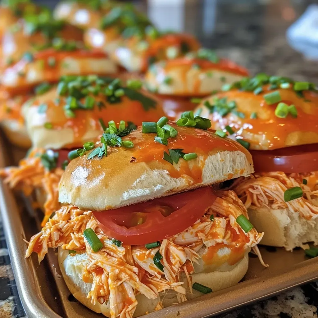 ['Close-up view of juicy Buffalo chicken sliders on a platter.', 'Mouthwatering Buffalo chicken sliders with coleslaw and sauce.', 'Delicious slider sandwiches filled with shredded Buffalo chicken.', 'Tasty Buffalo chicken sliders garnished and ready for serving.']