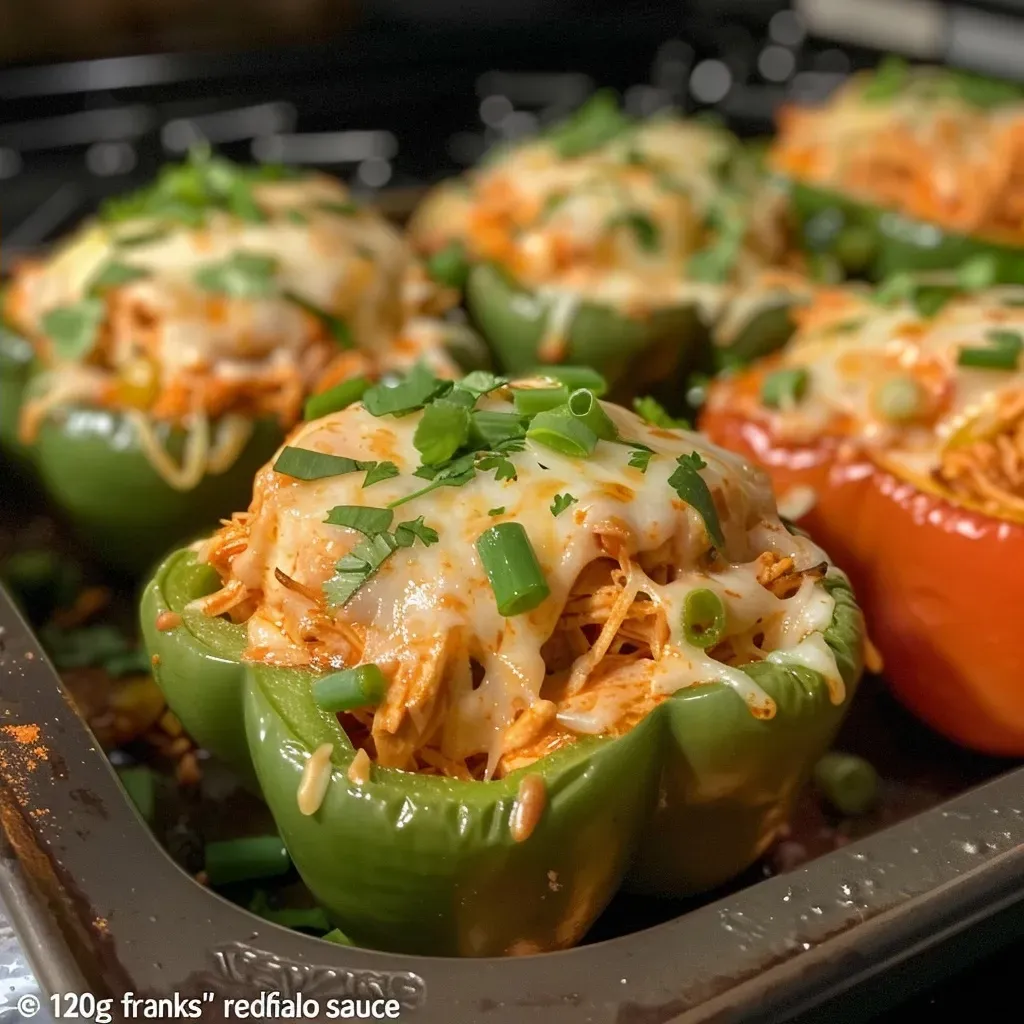 ['A close-up view of vibrant Buffalo Chicken Stuffed Peppers, showcasing juicy filling and colorful pepper halves.', 'Side view of Dairy-Free Buffalo Chicken Stuffed Peppers on a plate, highlighting the enticing filling and fresh herbs.', 'Juicy stuffed bell peppers filled with shredded chicken and spices, garnished with green onions.', 'Close-up of a delicious Buffalo Chicken Stuffed Pepper, emphasizing the texture of the filling and peppers.']