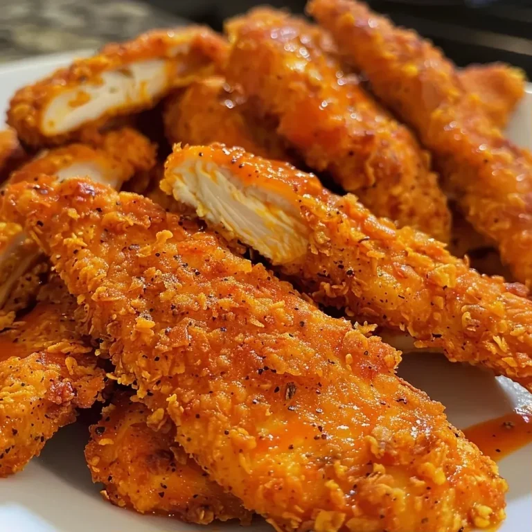 ['Close-up image of crispy Buffalo Chicken Tenders with vibrant orange sauce on a plate.', 'Side view of juicy Buffalo Chicken Tenders arranged neatly with a dipping sauce.', 'Detailed look at golden-brown Buffalo Chicken Tenders garnished with herbs.', 'Close-up photo showing multiple Buffalo Chicken Tenders with a spicy glaze.']