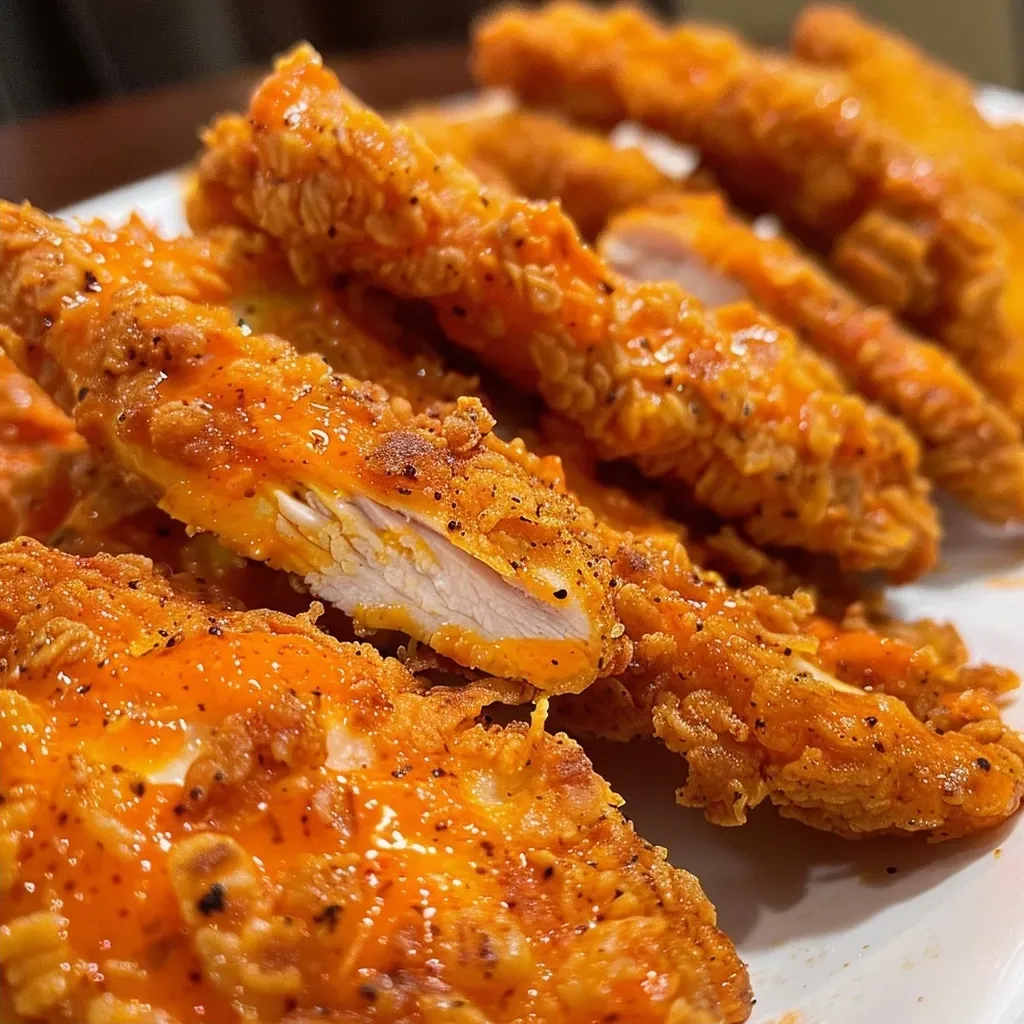 ['Close-up image of crispy Buffalo Chicken Tenders with vibrant orange sauce on a plate.', 'Side view of juicy Buffalo Chicken Tenders arranged neatly with a dipping sauce.', 'Detailed look at golden-brown Buffalo Chicken Tenders garnished with herbs.', 'Close-up photo showing multiple Buffalo Chicken Tenders with a spicy glaze.']