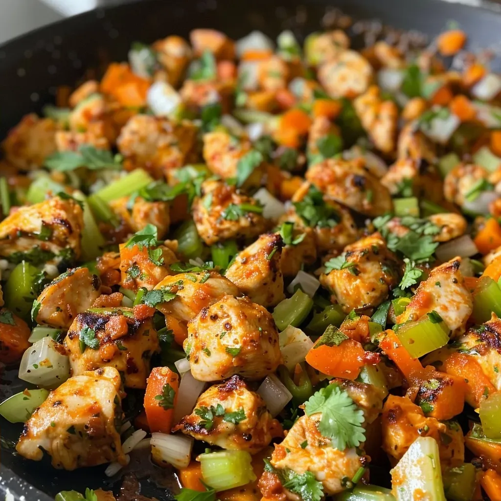 ['Close-up view of a skillet filled with Buffalo Ranch Chicken, featuring colorful vegetables and cheese.', 'Juicy Buffalo Ranch Chicken Skillet with diced chicken, carrots, celery, and a creamy sauce, in a cast-iron skillet.', 'Side view of a delicious Buffalo Ranch Chicken dish, highlighting the texture of the chicken and vegetables.', 'A vibrant skillet meal showcasing a blend of chicken, ranch dressing, and fresh cilantro with a hint of buffalo sauce.']