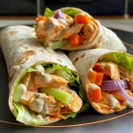 ['Close-up view of a Buffalo Ranch Chicken Wrap with visible ingredients.', 'Side view of a juicy Buffalo Ranch Chicken Wrap, showcasing layers of chicken and vegetables.', 'Delicious Buffalo Ranch Chicken Wrap, highlighting ranch dressing and fresh vegetables.', 'Tasty Buffalo Ranch Chicken Wrap, with colorful layers of chicken, cheese, and celery.']