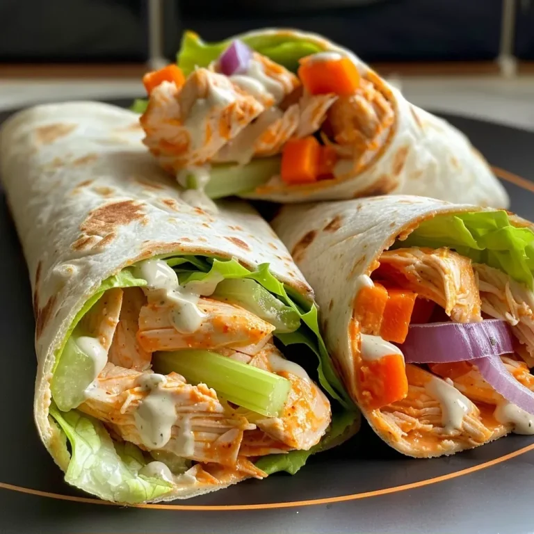 ['Close-up view of a Buffalo Ranch Chicken Wrap with visible ingredients.', 'Side view of a juicy Buffalo Ranch Chicken Wrap, showcasing layers of chicken and vegetables.', 'Delicious Buffalo Ranch Chicken Wrap, highlighting ranch dressing and fresh vegetables.', 'Tasty Buffalo Ranch Chicken Wrap, with colorful layers of chicken, cheese, and celery.']