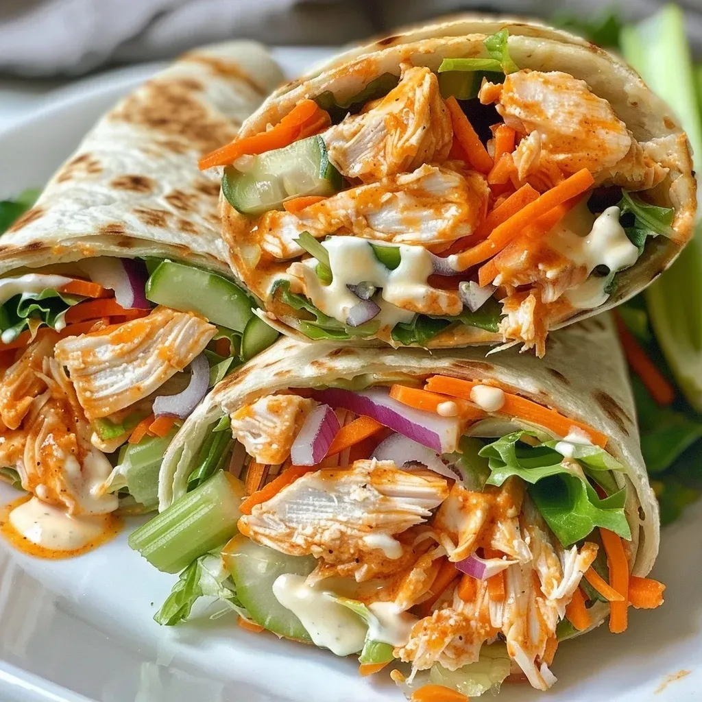 ['Close-up view of a Buffalo Ranch Chicken Wrap with visible ingredients.', 'Side view of a juicy Buffalo Ranch Chicken Wrap, showcasing layers of chicken and vegetables.', 'Delicious Buffalo Ranch Chicken Wrap, highlighting ranch dressing and fresh vegetables.', 'Tasty Buffalo Ranch Chicken Wrap, with colorful layers of chicken, cheese, and celery.']