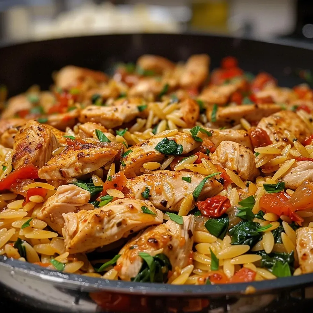 ['A close-up view of Cajun Chicken Orzo with vibrant colors and textures.', 'Juicy pieces of Cajun chicken and orzo pasta in a creamy sauce, garnished with herbs.', 'A side view showcasing a hearty bowl of Cajun Chicken Orzo, highlighting the ingredients.', 'A detailed close-up of Cajun Chicken Orzo, featuring chicken strips, spinach, and orzo pasta.']