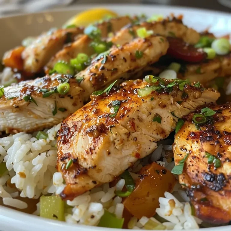 ['Juicy Cajun chicken served on a bed of rice with colorful vegetables.', 'Close-up of a vibrant Cajun Chicken & Rice Bowl with creamy sauce and herbs.', 'Side view of a delicious Cajun Chicken & Rice Bowl, featuring chicken, rice, and fresh vegetables.', 'A satisfying Cajun Chicken & Rice Bowl showcasing tender chicken, rice, and garnished with herbs.']