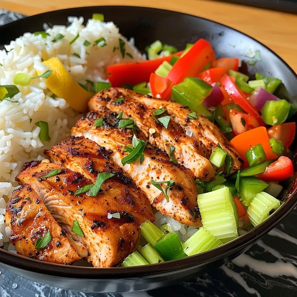 ['Juicy Cajun chicken served on a bed of rice with colorful vegetables.', 'Close-up of a vibrant Cajun Chicken & Rice Bowl with creamy sauce and herbs.', 'Side view of a delicious Cajun Chicken & Rice Bowl, featuring chicken, rice, and fresh vegetables.', 'A satisfying Cajun Chicken & Rice Bowl showcasing tender chicken, rice, and garnished with herbs.']
