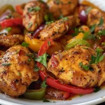 ['Juicy Cajun chicken with colorful sliced bell peppers and onions.', 'A side view of Cajun chicken garnished with fresh parsley and bell peppers.', 'Close-up of a dish featuring Cajun chicken, red and green bell peppers, and onions.', 'Succulent Cajun chicken surrounded by vibrant bell pepper slices on a plate.']