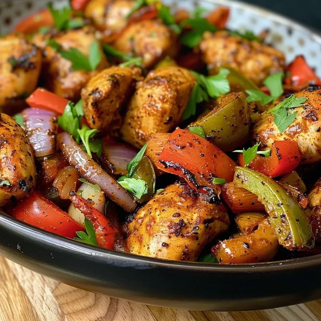 ['Juicy Cajun chicken with colorful sliced bell peppers and onions.', 'A side view of Cajun chicken garnished with fresh parsley and bell peppers.', 'Close-up of a dish featuring Cajun chicken, red and green bell peppers, and onions.', 'Succulent Cajun chicken surrounded by vibrant bell pepper slices on a plate.']