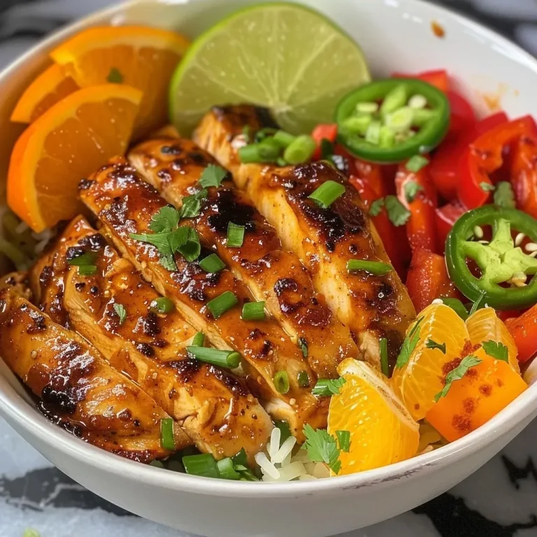 ['Juicy Cajun Honey Chicken Bowl with colorful vegetables on a plate.', 'Close-up of a spicy Cajun chicken bowl garnished with orange slices and green onions.', 'Side view of Cajun Honey Chicken Bowl showcasing vibrant ingredients and glossy sauce.', 'Succulent pieces of chicken in a bowl with red and green peppers and honey glaze.']