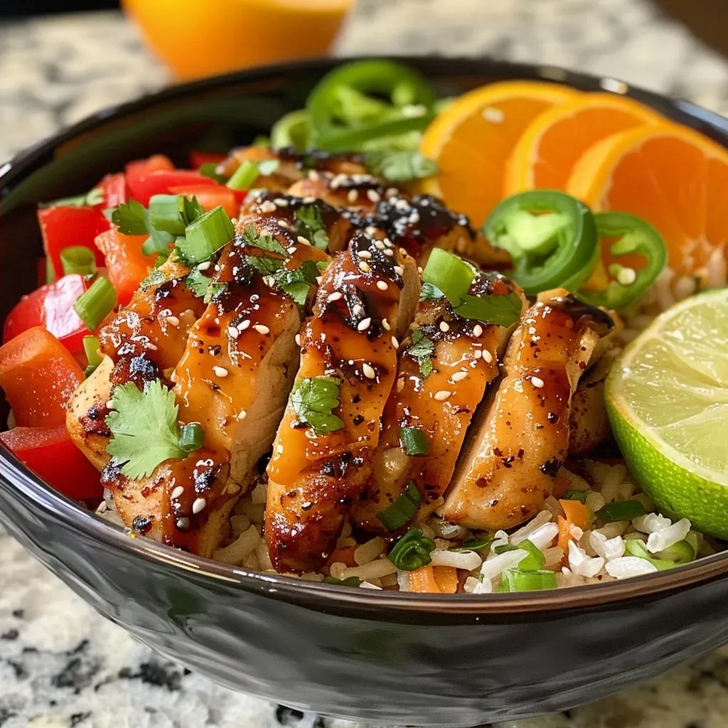 ['Close-up view of Cajun Honey Chicken Bowls featuring chicken strips, bell peppers, and garnishes.', 'Juicy Cajun Honey Chicken Bowls with vibrant colors and fresh ingredients.', 'Side view of a bowl filled with Cajun-seasoned chicken, peppers, and garnishing herbs.', 'Detailed shot of delicious Cajun Honey Chicken Bowls with orange slices and lime wedges.']