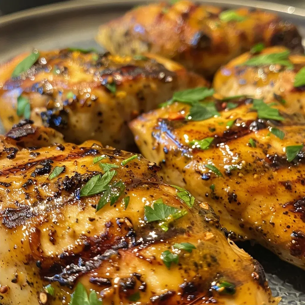 ['Close-up of juicy Cajun Honey Mustard Grilled Chicken on a plate.', 'Side view of succulent grilled chicken coated in Cajun honey mustard sauce.', 'Detailed shot of tender grilled chicken with a glistening honey mustard glaze.', 'Close-up of flavorful Cajun chicken showing a golden glaze and grilled texture.']