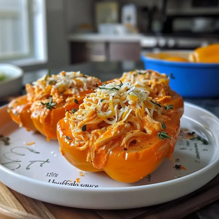 ['Close-up side view of Cheesy Buffalo Chicken Stuffed Peppers filled with creamy mixture.', 'Juicy stuffed bell peppers showcasing vibrant colors and rich textures of buffalo chicken filling.', 'Deliciously cheesy stuffed peppers on a plate, highlighting the creamy, spicy filling.', 'Side view of bell peppers overflowing with savory buffalo chicken and cheese blend.']