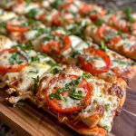 ['Close-up side view of a cheesy chicken parmesan flatbread pizza with melted cheese and toppings.', 'Juicy flatbread pizza topped with chicken, mozzarella, and fresh basil, captured side view.', 'Side angle of a delicious cheesy chicken parmesan flatbread pizza showcasing vibrant toppings.', 'Appetizing close-up of a flatbread pizza with chicken, cheese, and herbs from a side perspective.']