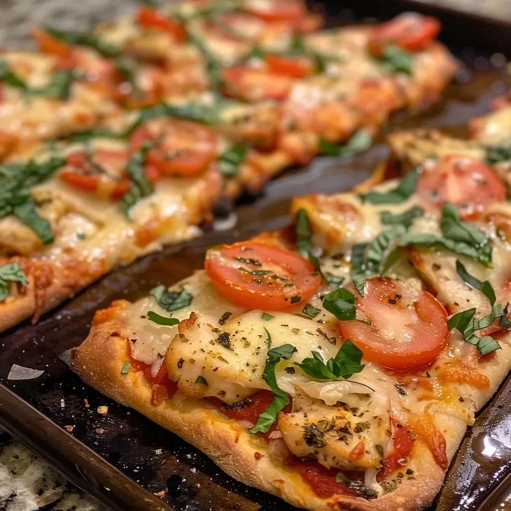 ['Close-up side view of a cheesy chicken parmesan flatbread pizza with melted cheese and toppings.', 'Juicy flatbread pizza topped with chicken, mozzarella, and fresh basil, captured side view.', 'Side angle of a delicious cheesy chicken parmesan flatbread pizza showcasing vibrant toppings.', 'Appetizing close-up of a flatbread pizza with chicken, cheese, and herbs from a side perspective.']