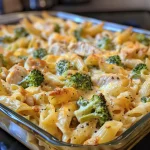 ['A close-up side view of a Chicken and Broccoli Pasta Bake, showcasing golden cheese melted on top.', 'Juicy Chicken and Broccoli Pasta Bake displayed in a baking dish, with pasta and vegetables clearly visible.', 'A detailed image of Chicken and Broccoli Pasta Bake, featuring broccoli florets and tender chicken pieces.', 'Side view of a pasta bake, showing layers of chicken, broccoli, and melted cheeses.']