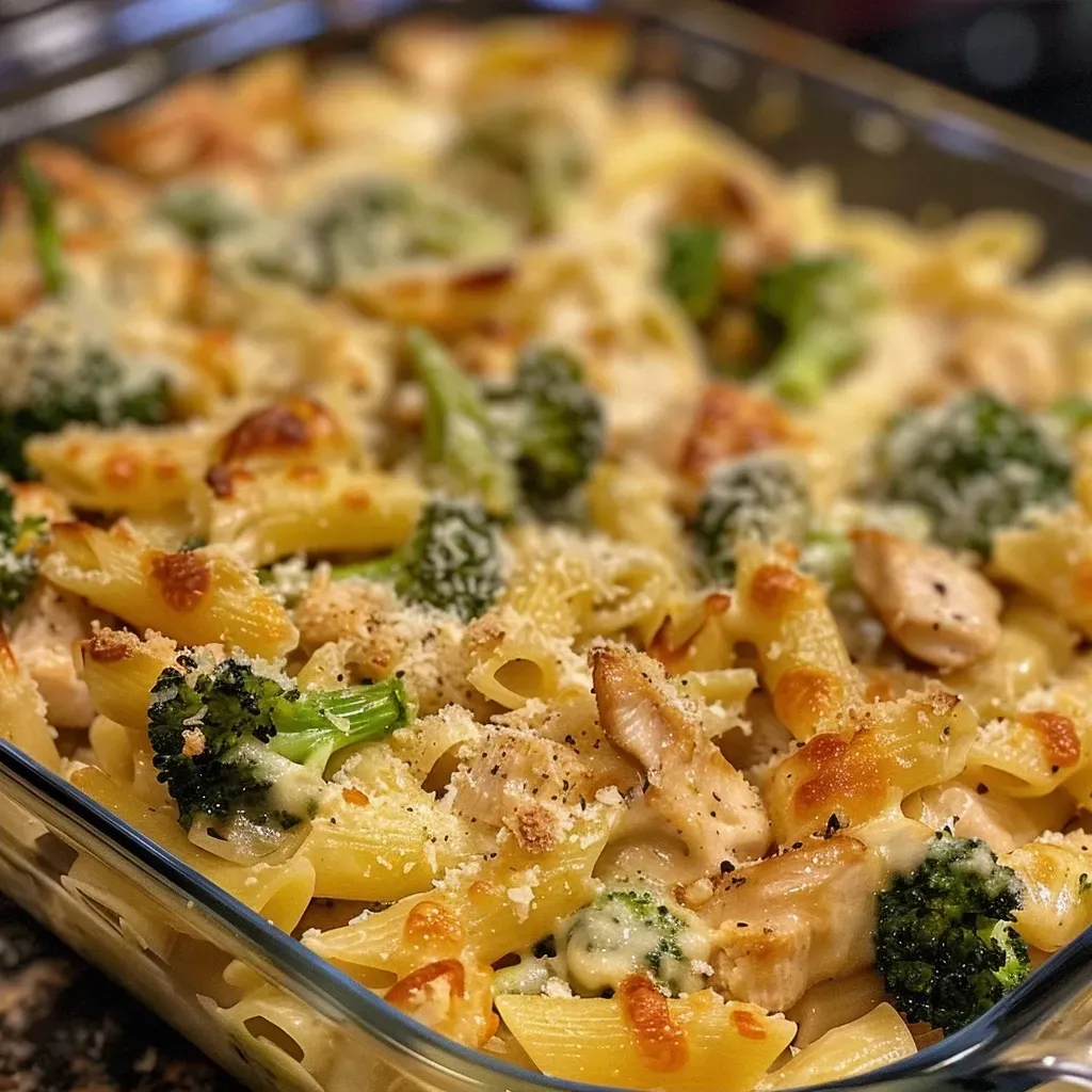 ['A close-up side view of a Chicken and Broccoli Pasta Bake, showcasing golden cheese melted on top.', 'Juicy Chicken and Broccoli Pasta Bake displayed in a baking dish, with pasta and vegetables clearly visible.', 'A detailed image of Chicken and Broccoli Pasta Bake, featuring broccoli florets and tender chicken pieces.', 'Side view of a pasta bake, showing layers of chicken, broccoli, and melted cheeses.']