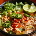 ['Close-up view of a bowl of Chicken and Lime Soup, featuring green cilantro and slices of avocado.', 'Side view of a steaming bowl of vibrant Chicken and Lime Soup with fresh lime and diced tomatoes.', 'Juicy Chicken and Lime Soup displayed in a bowl, garnished with avocado and cilantro.', 'Close-up photo of colorful ingredients in Chicken and Lime Soup, showcasing jalapeño and lime slices.']